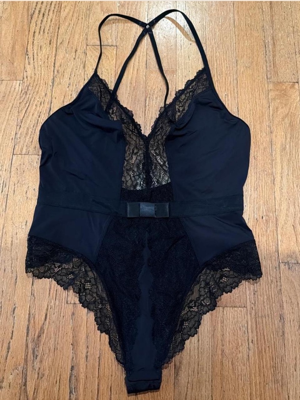 Black Lace-Trim Bodysuit Chemise with Bow Accent